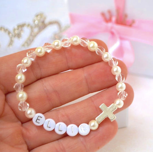 Whimsical Gorgeous Girls Pearl Cross Bracelet Set with Sparkly Clear Crystal Beads