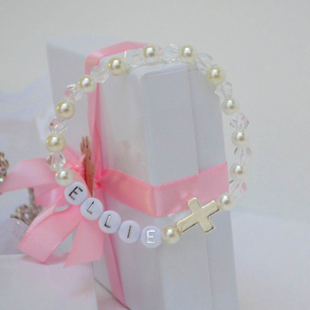 Whimsical Gorgeous Girls Pearl Cross Bracelet Set with Sparkly Clear Crystal Beads