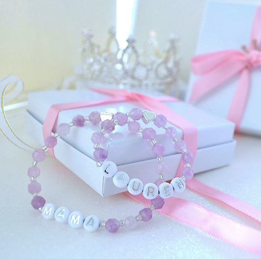 Unique Amethyst Mama & Daughter Bracelet Set with Silver Heart – Personalized Gift for Moms and Babies