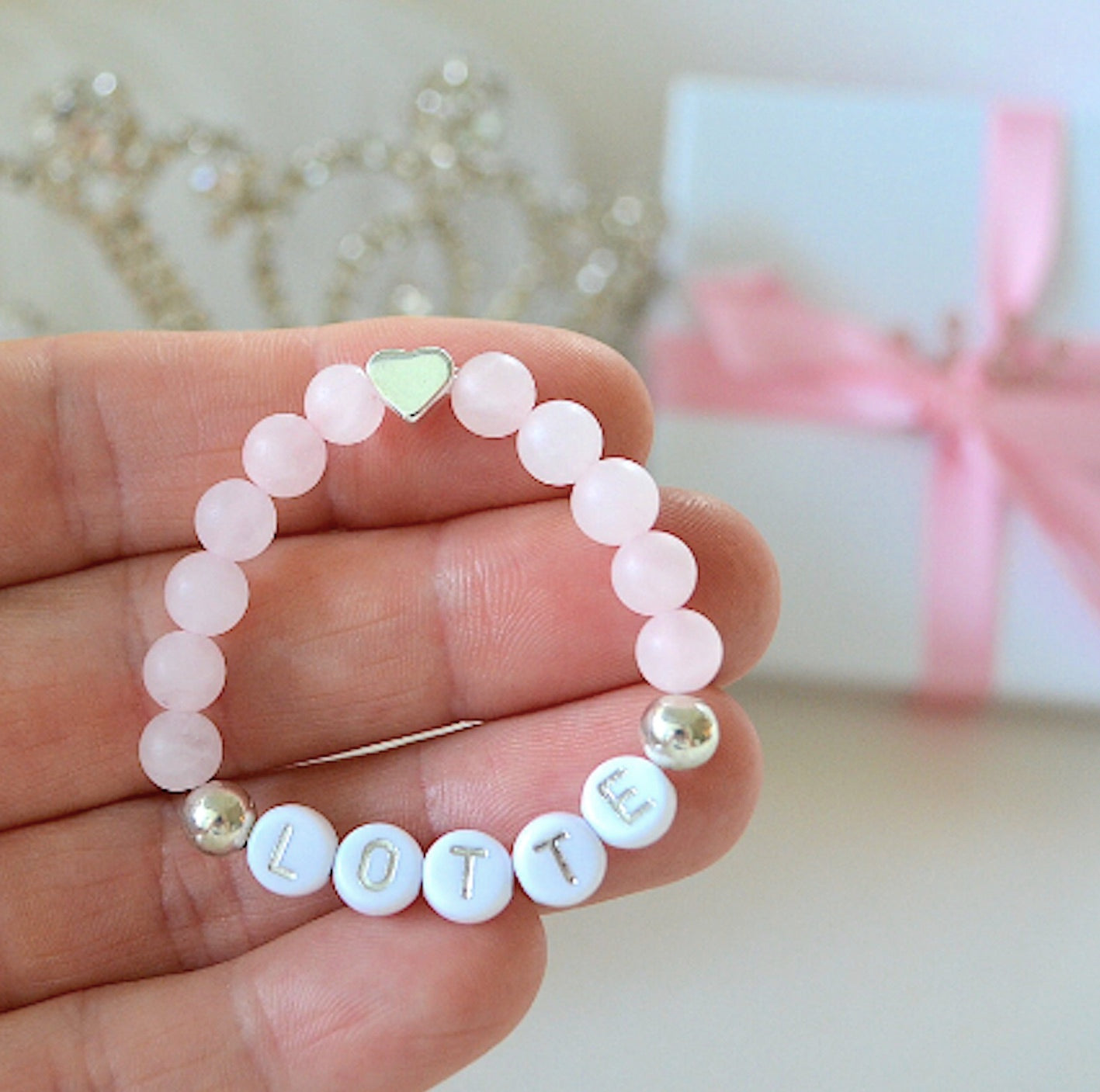 personalized silver heart rose quartz gemstone bracelet with silver-plated beads, handmade baby jewelry gift for newborns and girls.

