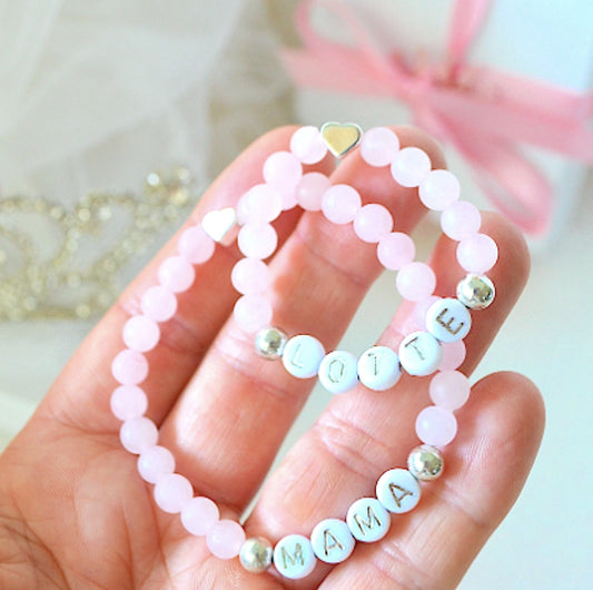Unique Dainty Silver Heart Rose Quartz Bracelet Set