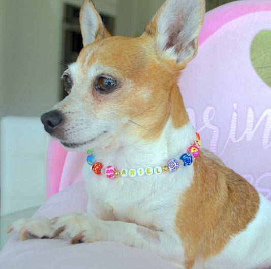 Unbelievable gorgeous sparkly dog clay flower necklace with crystal spacer beads – handmade personalized jewelry gift for dogs.