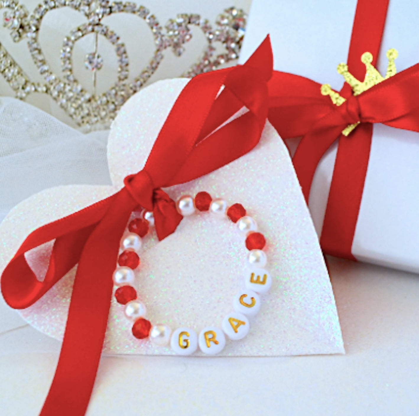 Velvet Red Crystal & Pearl Baby Bracelet – Personalized Baby Name Jewelry, Perfect First Bracelet, Protection, or Baby Shower Gift