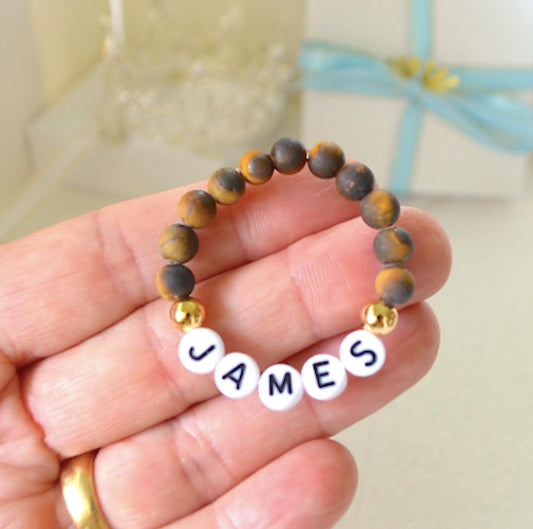 Matte frosted tiger eye gemstone bracelet, personalized for baby boys – perfect gift for baby shower or newborn