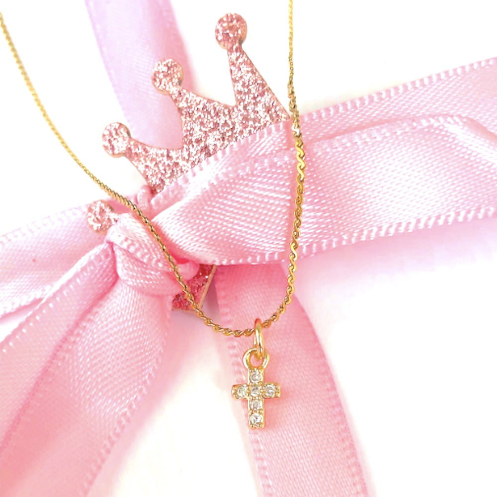 Tiny diamond cross gold necklace for babies, toddlers, and teens