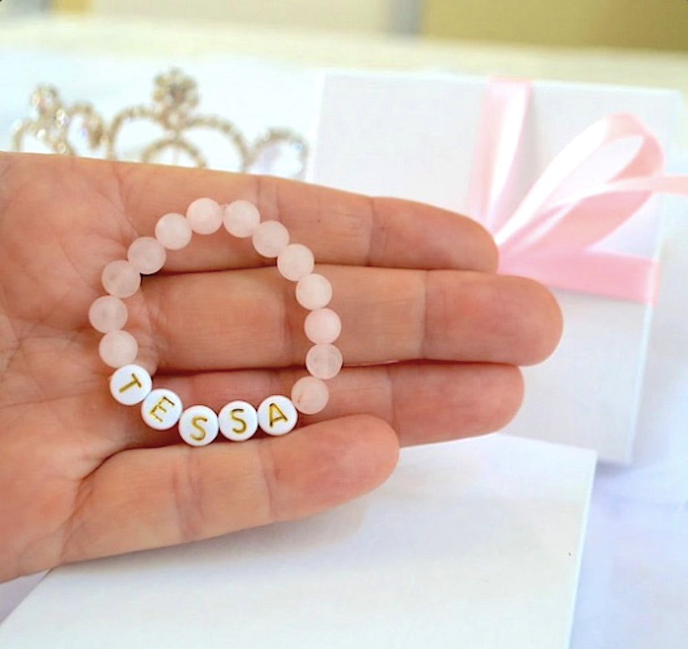 Gold Letter Rose Quartz Gemstone Bracelet