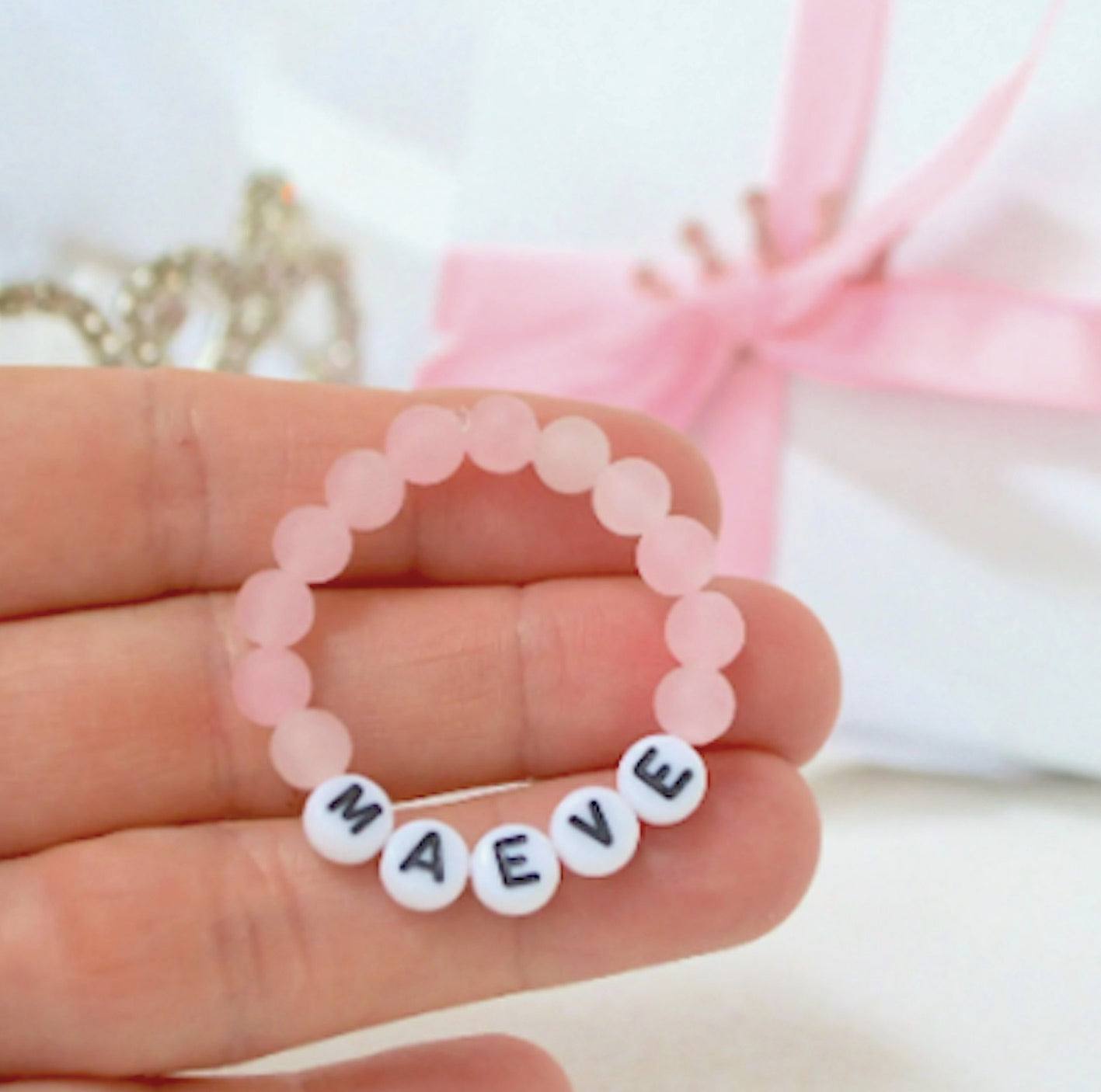 tiny pink rose quartz gemstone baby bracelet – personalized infant name jewelry, perfect baby shower, newborn, or keepsake gift