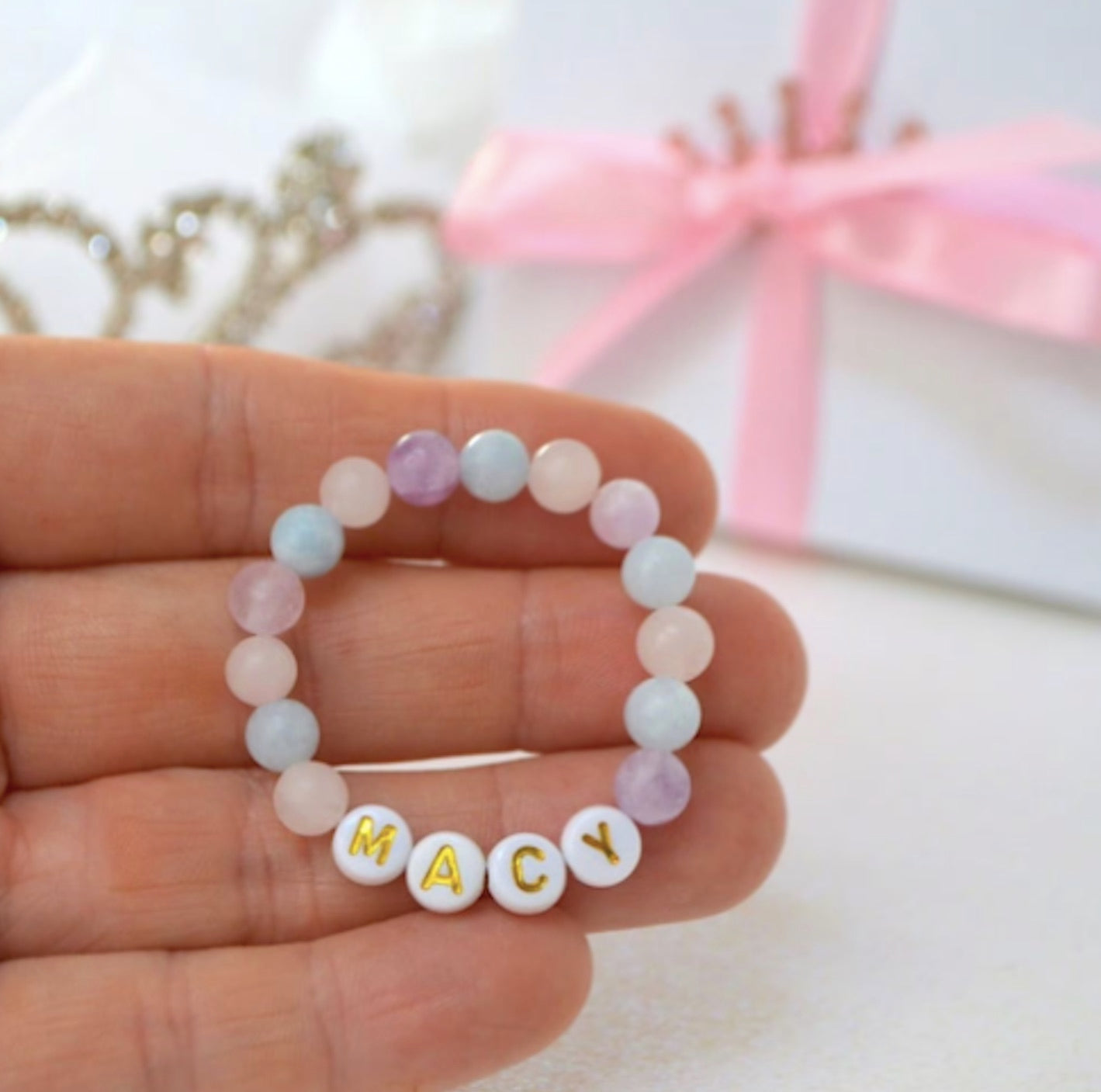 Personalized colorful purple morganite baby bracelet for girls, perfect for baby showers, birthdays, and toddler jewelry gift