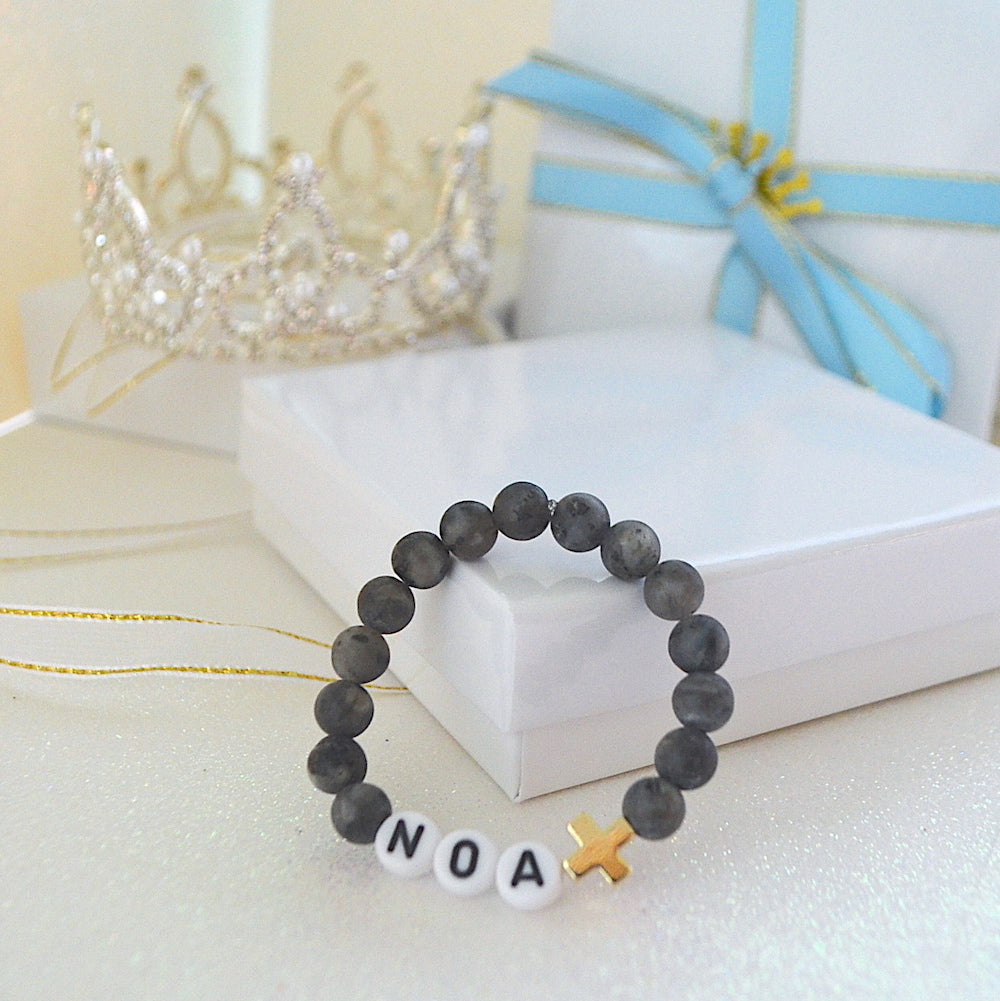 Vibrant labradorite bracelet with 18K gold-plated cross for baby boys, newborns, and toddlers, perfect personalized baptism or baby shower gift